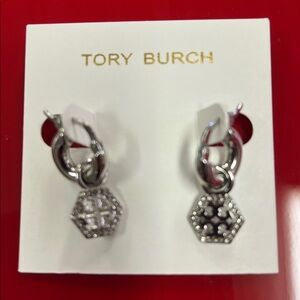 Tory Burch Silver Hexagon Pave Hoop Earrings